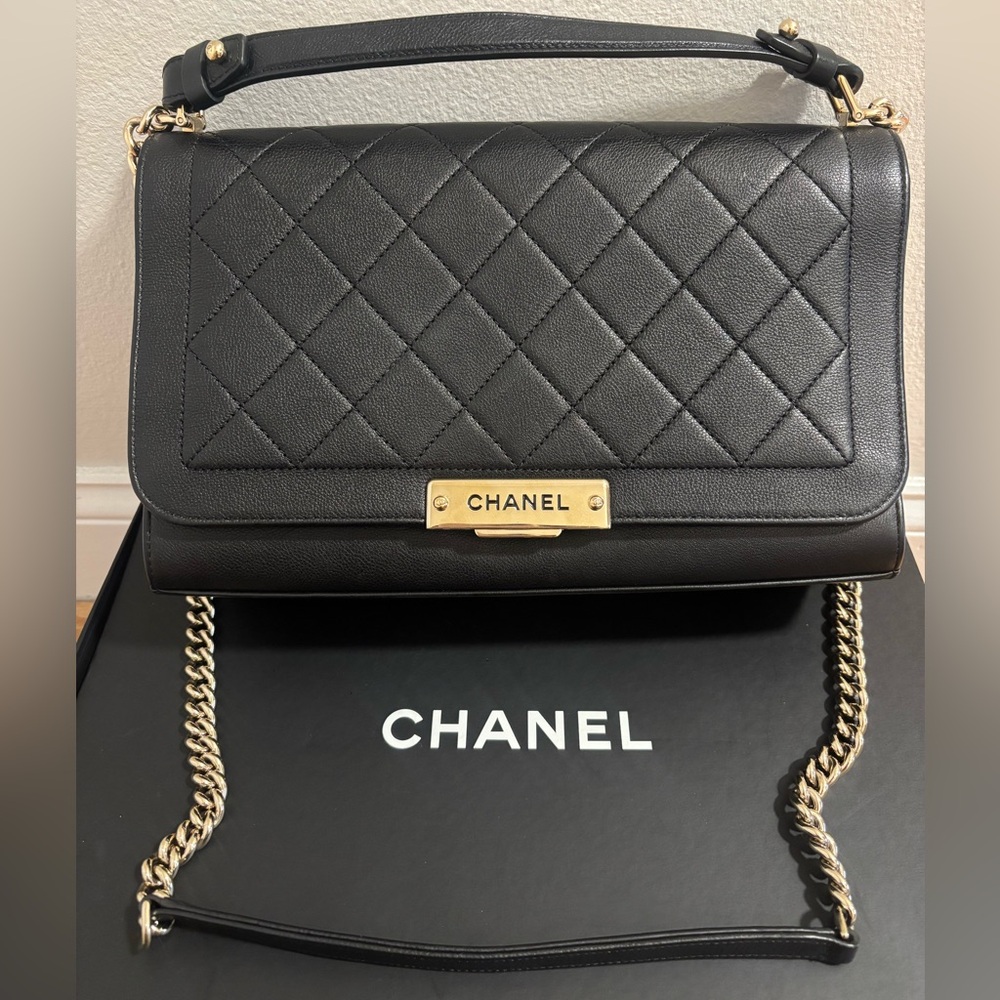 Chanel Quilted calfskin black two-way flap bag with handle  (full set)